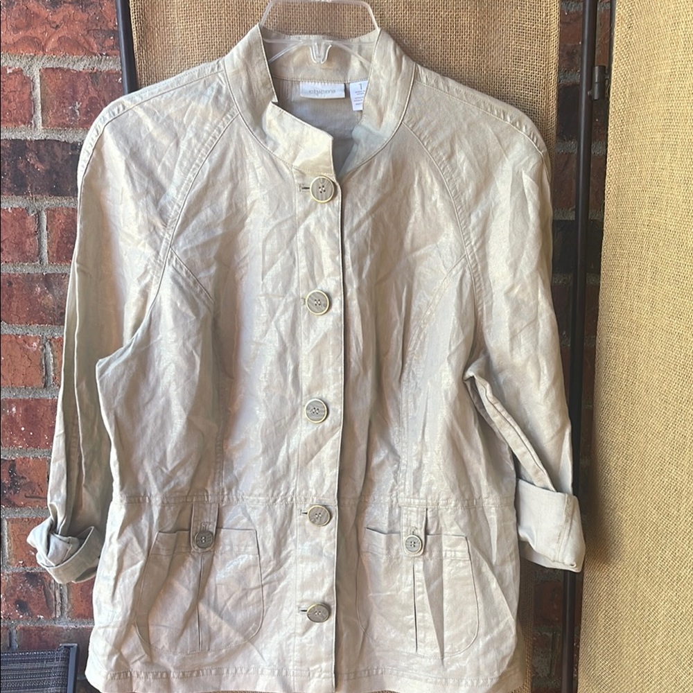 Chico's Tan Utility Jacket with Stand-Up‎ Collar and Textured Fabric